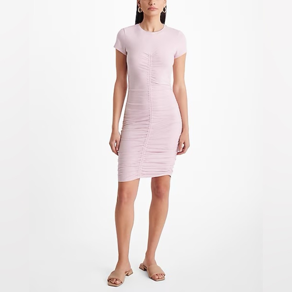 Express Crew Neck Short Sleeve Ruched T-Shirt Dress in Black